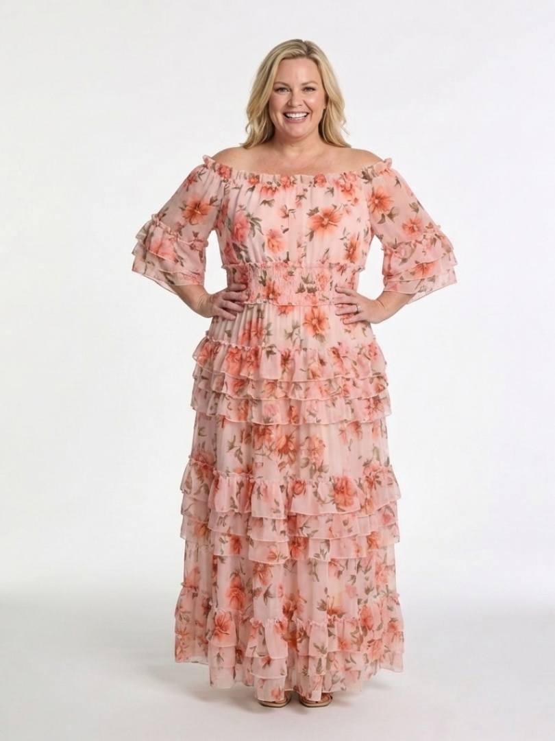 Rosalie | Schulterfreies Maxikleid mit Rüschen, Volants und Blumendruck