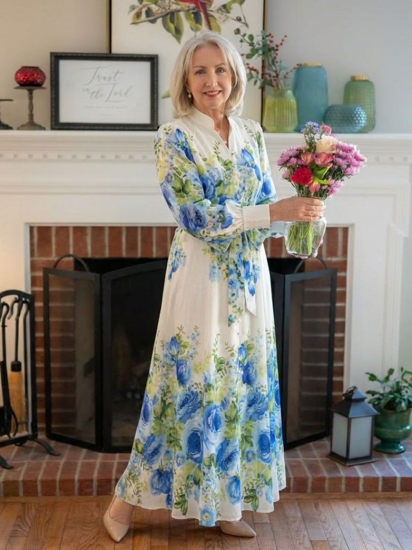 Harper | Langärmliges Blumenknopf-Front Maxikleid