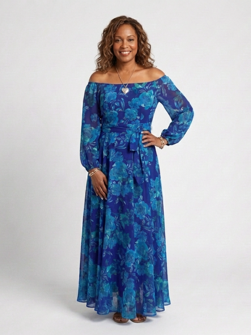 Aspen | Schulterfreies Maxikleid mit Blumendruck