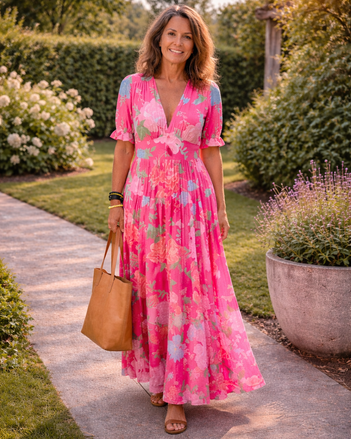 Ione | Midikleid mit kurzen Ärmeln, V-Ausschnitt und Blumendruck