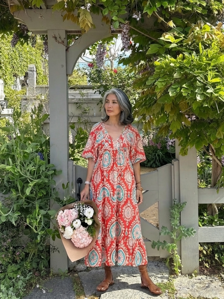 Zaria | Midikleid mit V-Ausschnitt, kurzen Ärmeln und Paisley-Druck