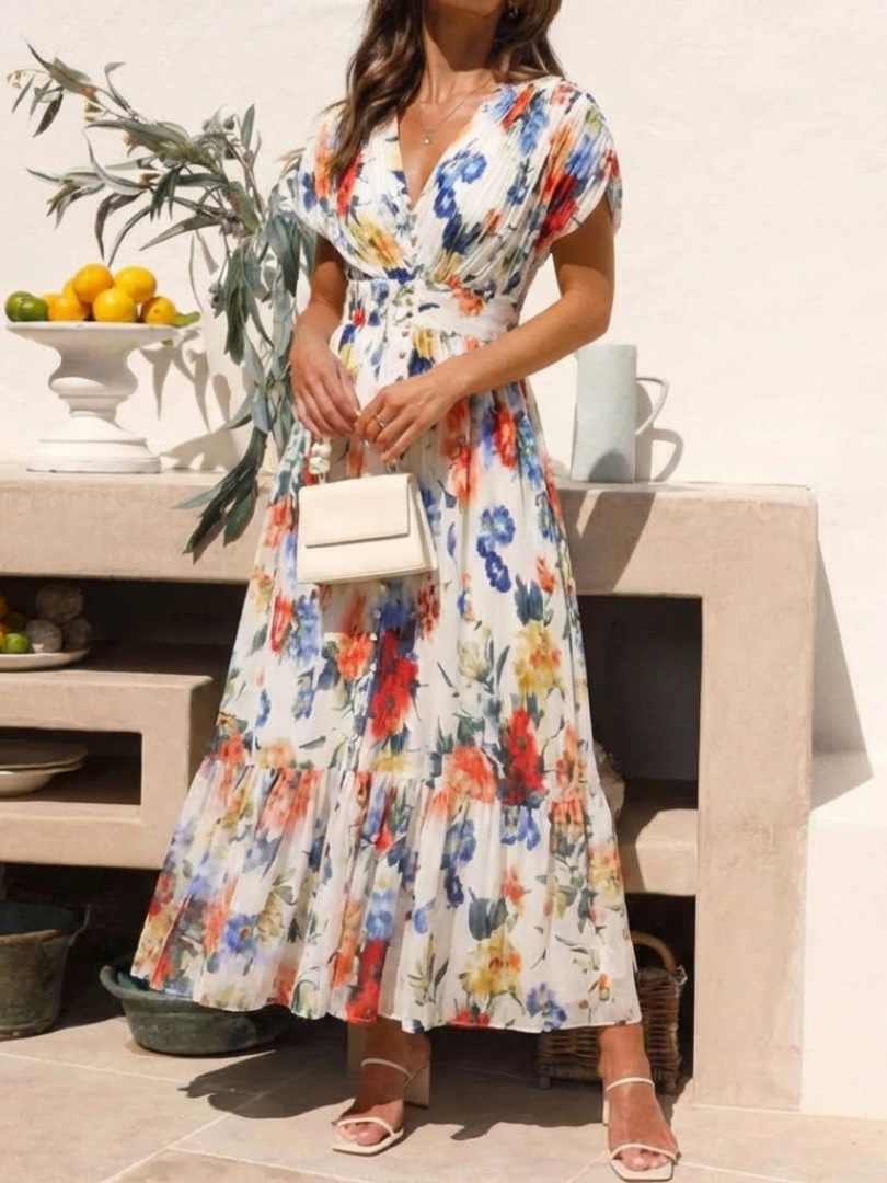 Savannah | Kurzärmeliges, plissiertes, florales Midikleid