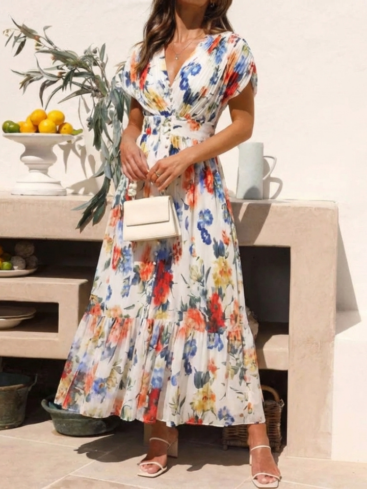 Savannah | Kurzärmeliges, plissiertes, florales Midikleid