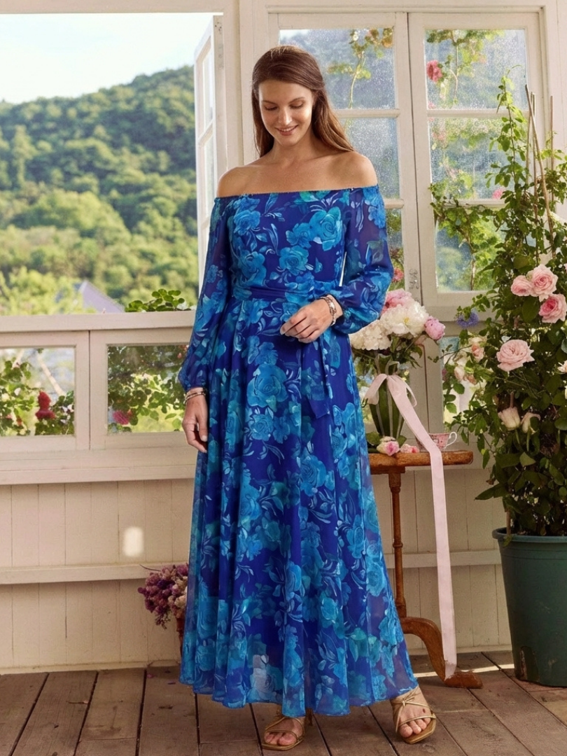 Aspen | Schulterfreies Maxikleid mit Blumendruck