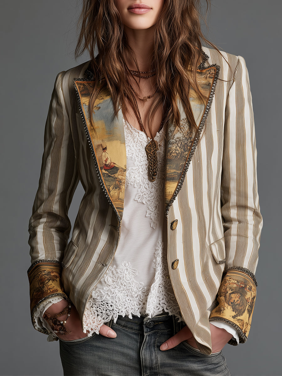 Suzanne | Bohemian Gestreifter Blazer mit Bedrucktem Kragen