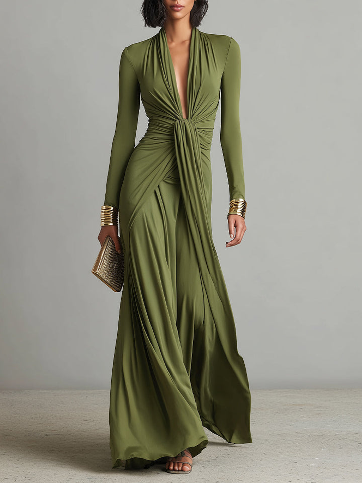 Olivgrünes Satin-Maxikleid mit V-Ausschnitt