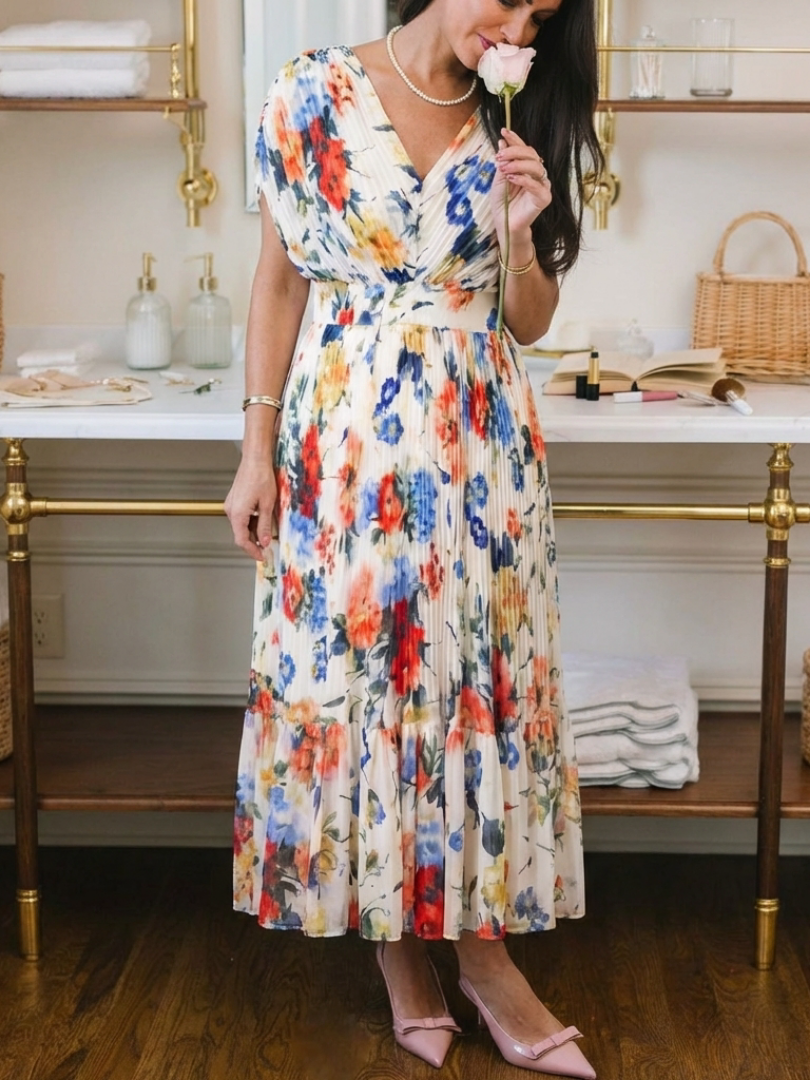 Savannah | Kurzärmeliges, plissiertes, florales Midikleid