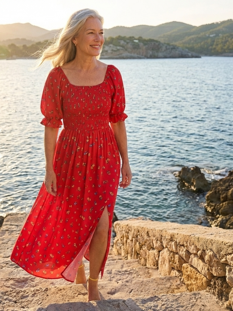 Delphine | Midikleid mit eckigem Ausschnitt, Puffärmeln und Blumendruck