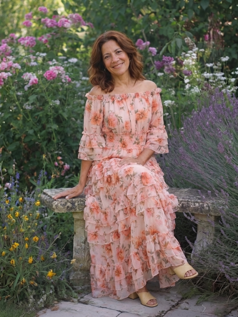 Rosalie | Schulterfreies Maxikleid mit Rüschen, Volants und Blumendruck