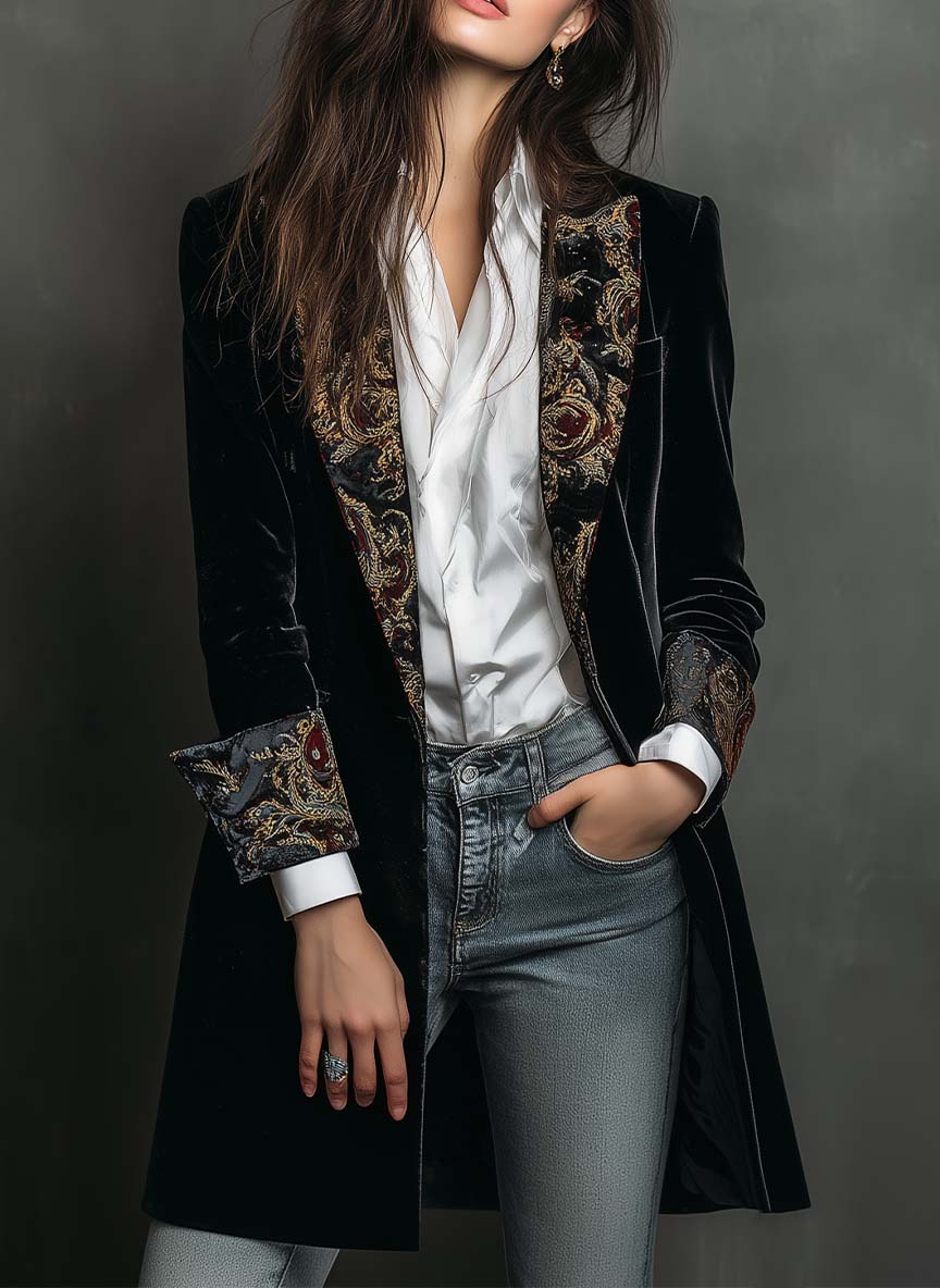 Léontine | Slim Fit Geprägter Barock Schwarzer Blazer