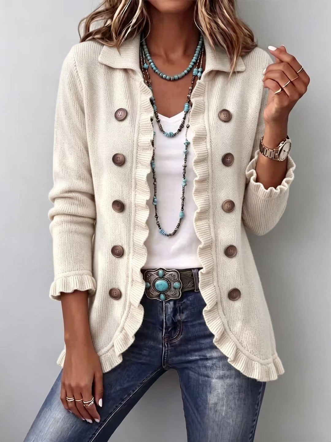 Adelina | Ivory Strickjacke mit Rüschen