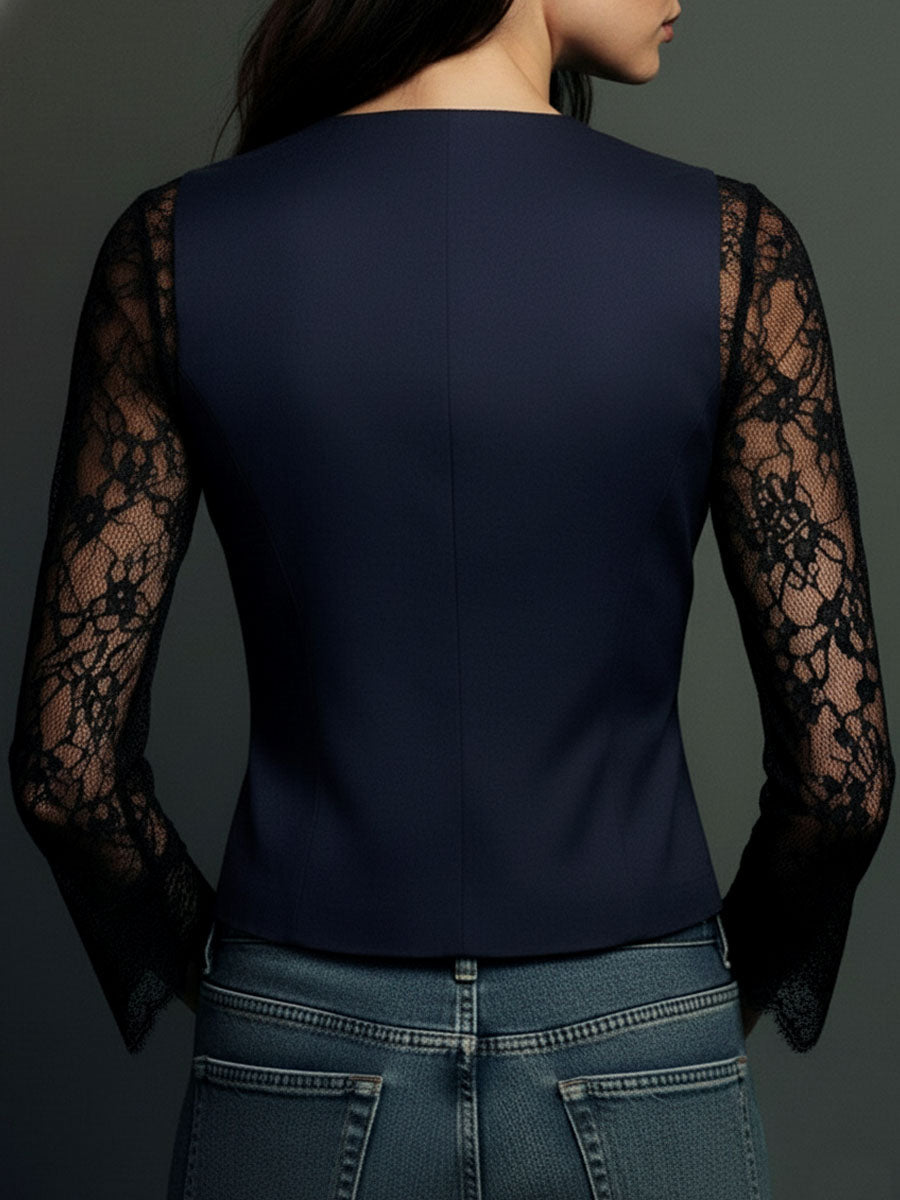 Noémie | Hoher Schwarzer Blazer mit Halbtransparenten Ärmeln