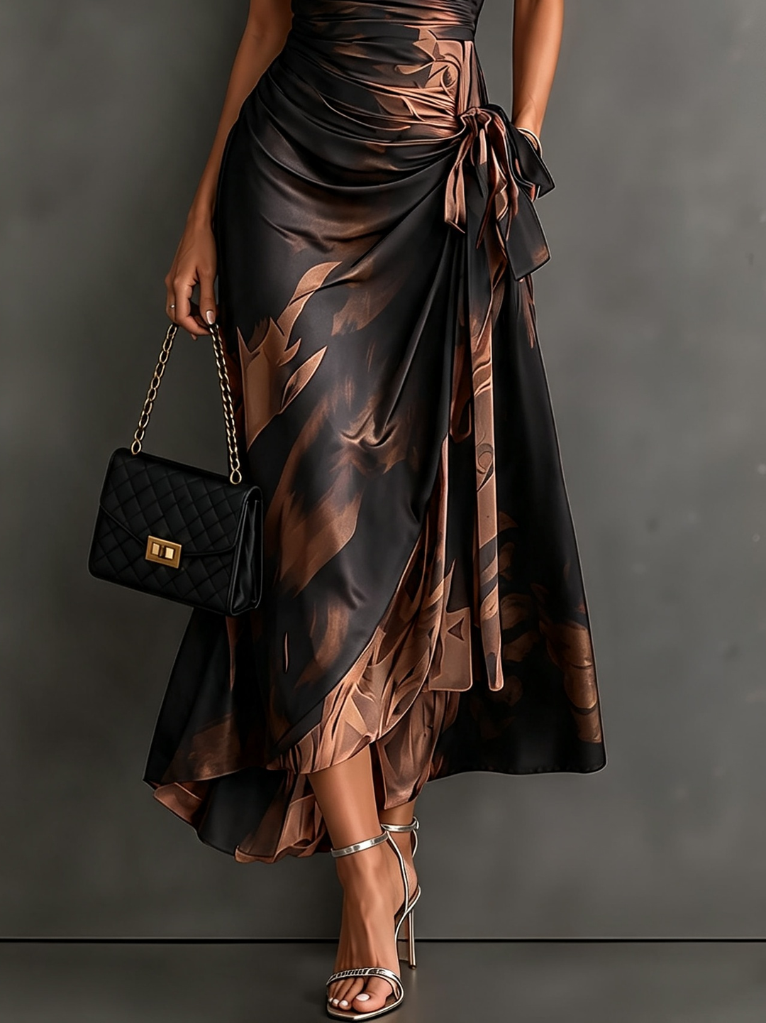 Francesca | Midi-Wickelkleid mit abstraktem Muster, Braun