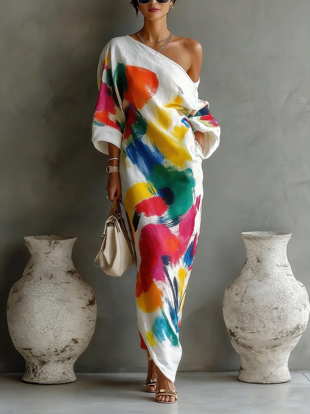 Maxikleid mit abstraktem Druck und einem Schulterträger