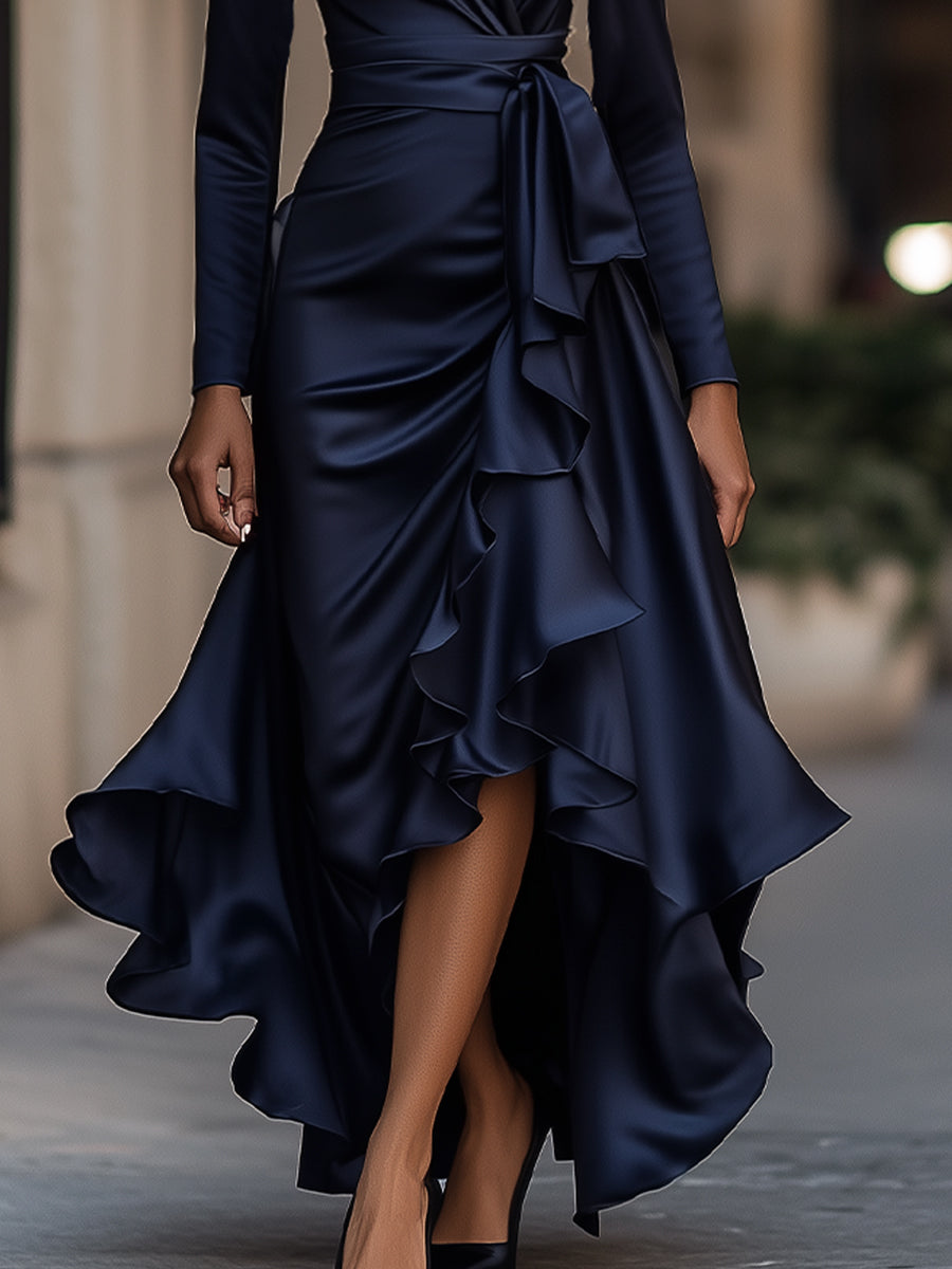 Maxikleid aus Satin mit Volants