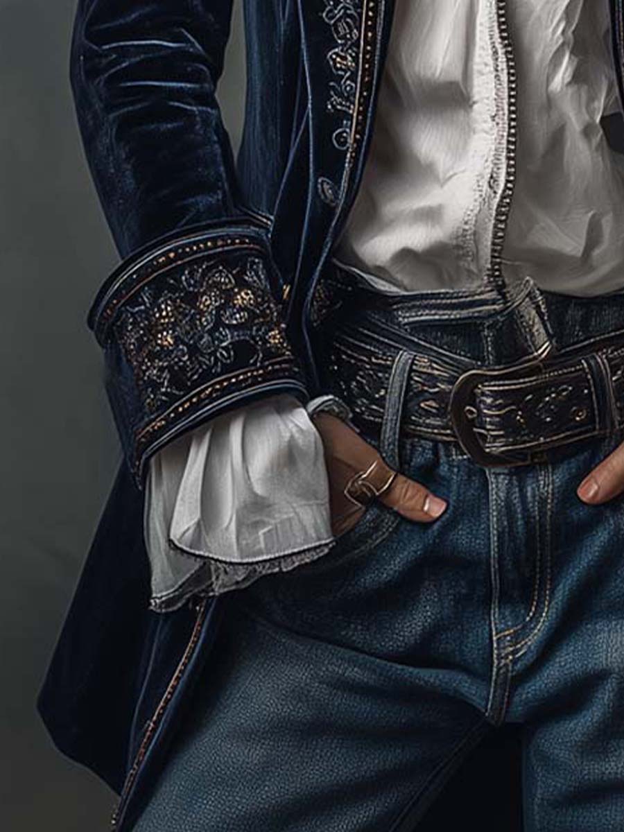 Athénaïs | Lange Bestickte Vintage-Jacke in Marineblau