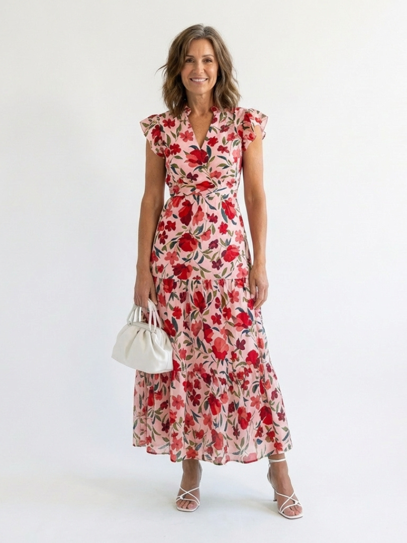 Lila | Midikleid mit V-Ausschnitt, Blumendruck und Volants