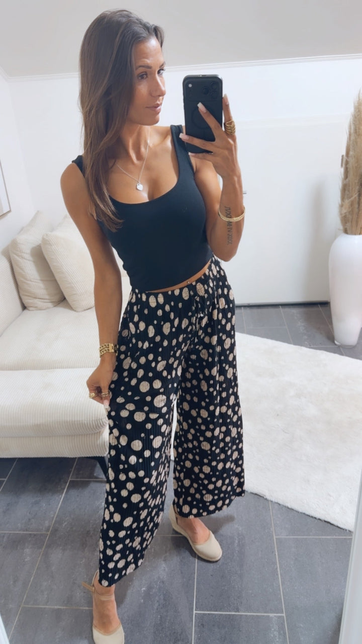 Leichte Plissee-Hose | Punkte Schwarz-Beige