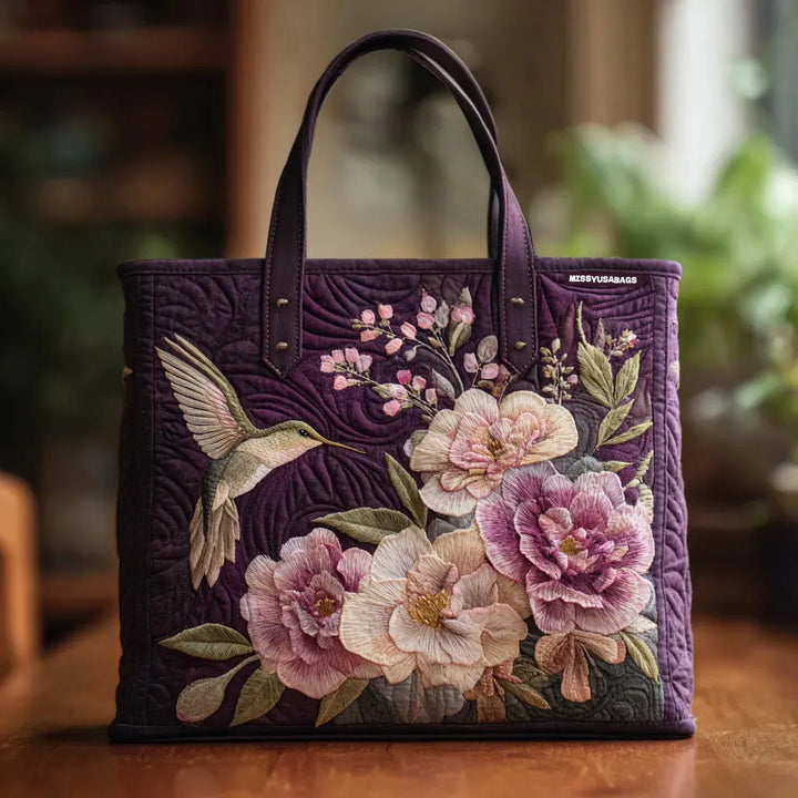 Handgefertigte gepolsterte Tasche - Kolibris und Orchideen