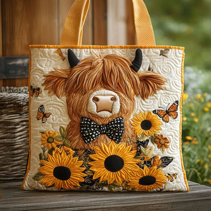 Gepolsterte Tasche - Highlands-Rind mit Sonnenblumen