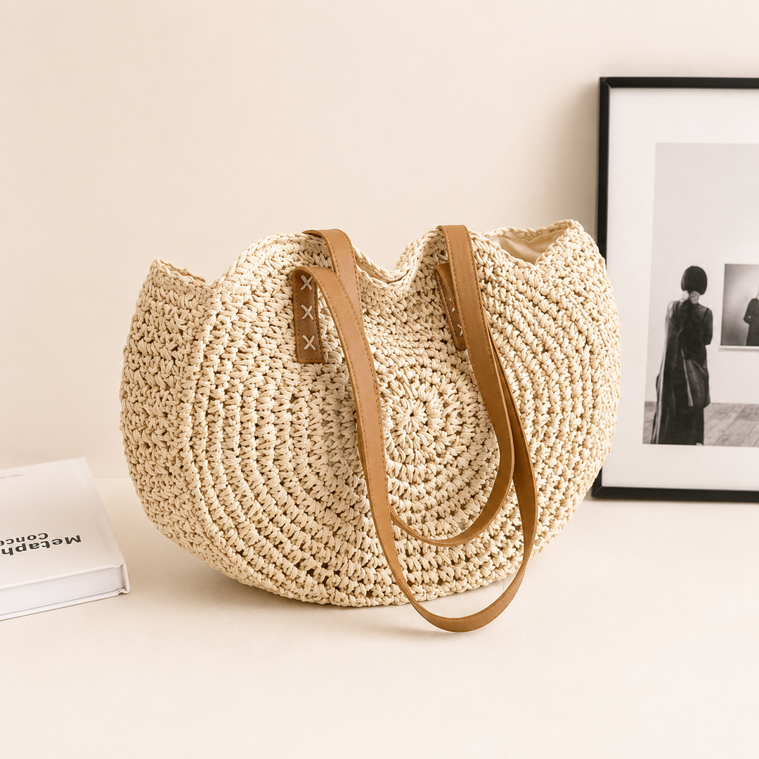 Lisa | Runde Tasche aus geflochtenem Stroh - Beige