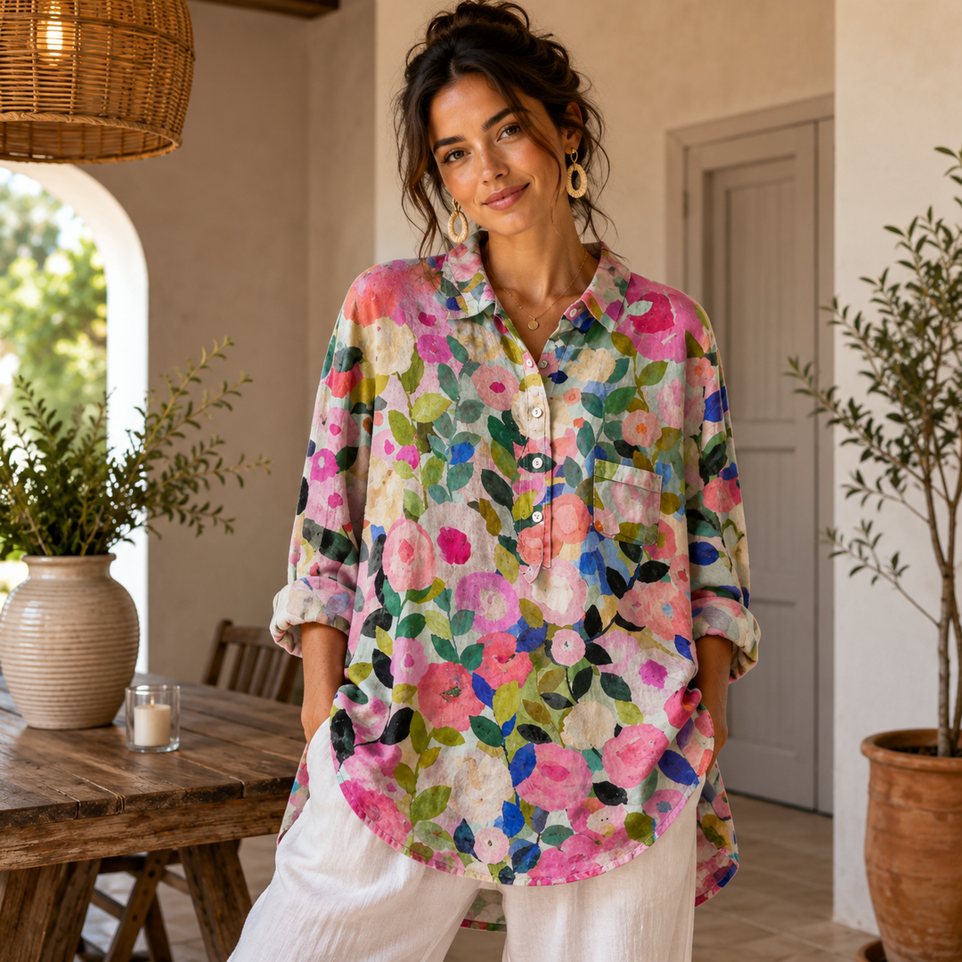 Buntes Frühlingsblumenmuster Damen Casual Leinenhemd