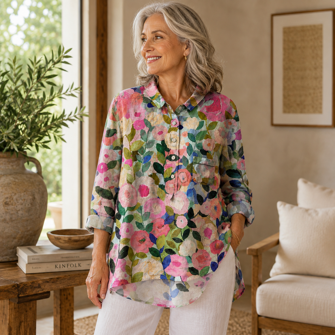 Buntes Frühlingsblumenmuster Damen Casual Leinenhemd