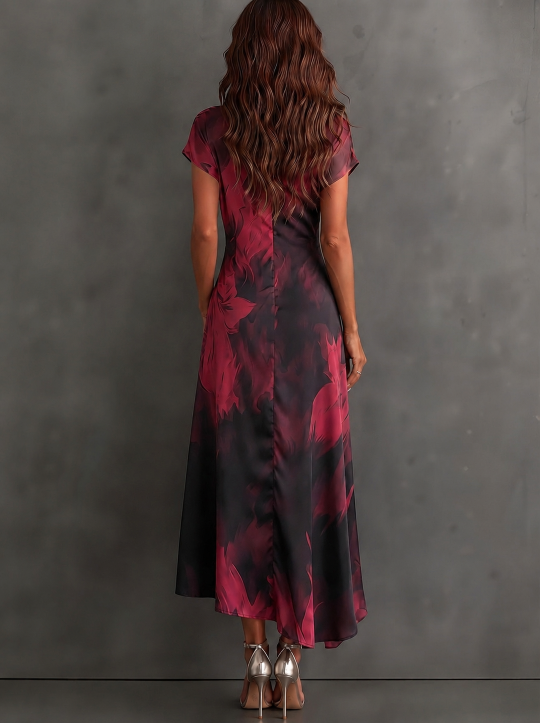 Beatrice | Midi-Wickelkleid in abstraktem Druck, Bordeaux