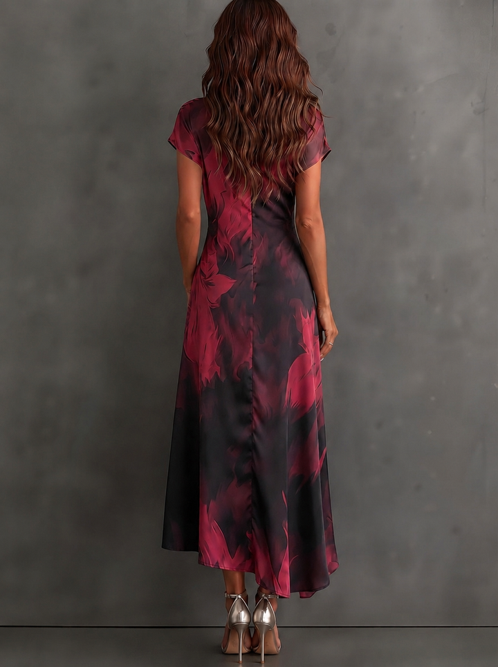 Beatrice | Midi-Wickelkleid in abstraktem Druck, Bordeaux
