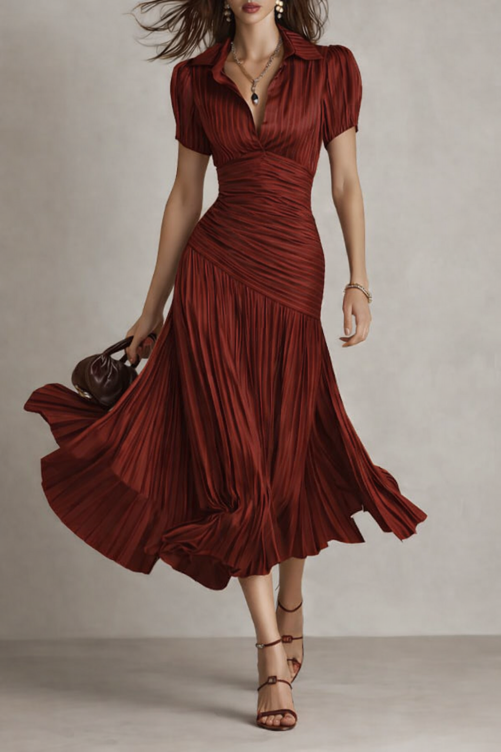 NORMA™ - RETRO GESTREIFTES SATIN-MIDIKLEID