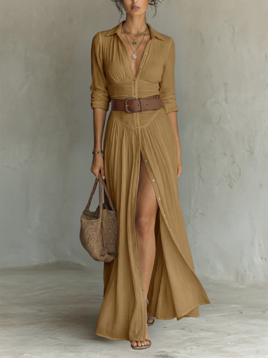 DOLORES™ - ELEGANTES SOMMER-MAXI-LEINENHEMDKLEID