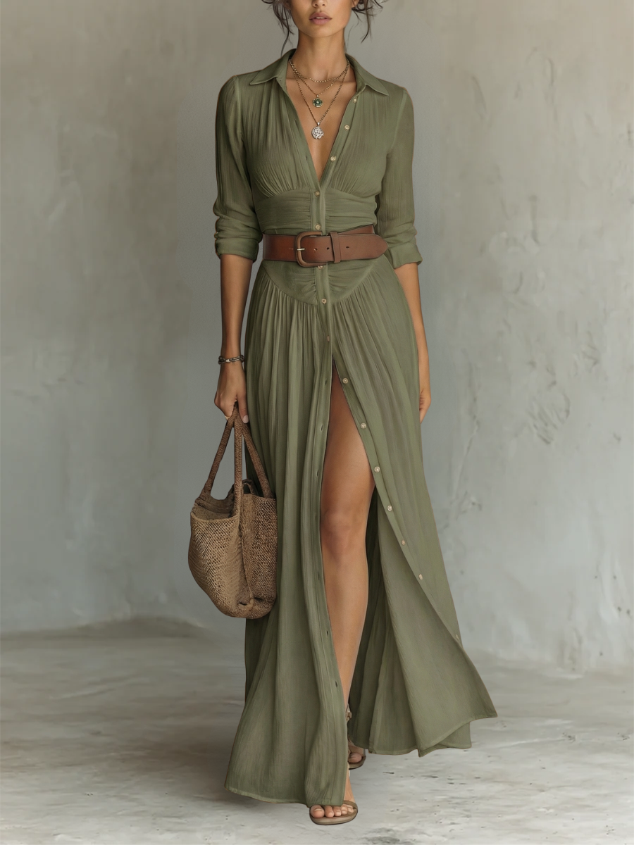 DOLORES™ - ELEGANTES SOMMER-MAXI-LEINENHEMDKLEID