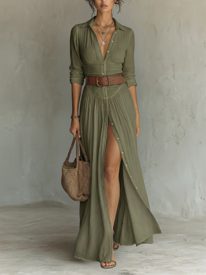 DOLORES™ - ELEGANTES SOMMER-MAXI-LEINENHEMDKLEID