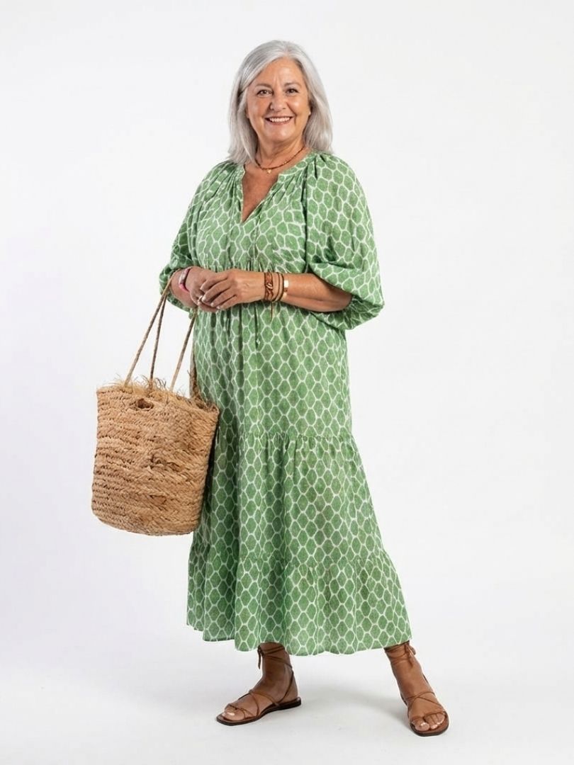 Apolline | Midikleid mit Dreiviertelärmeln, V-Ausschnitt und Muster