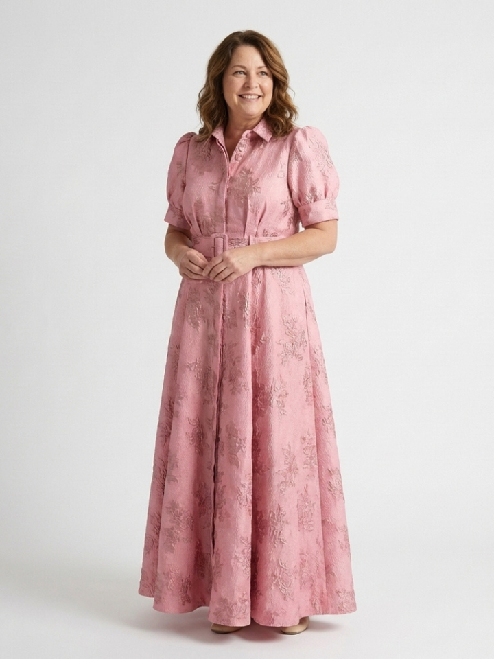 Xanthea | Maxi-Hemdblusenkleid mit kurzen Ärmeln, Gürtel und strukturiertem Blumendruck