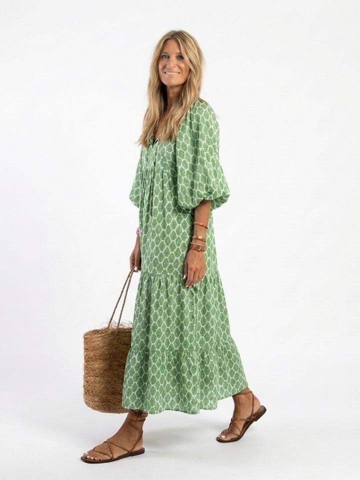 Apolline | Midikleid mit Dreiviertelärmeln, V-Ausschnitt und Muster