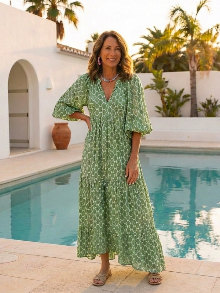 Apolline | Midikleid mit Dreiviertelärmeln, V-Ausschnitt und Muster
