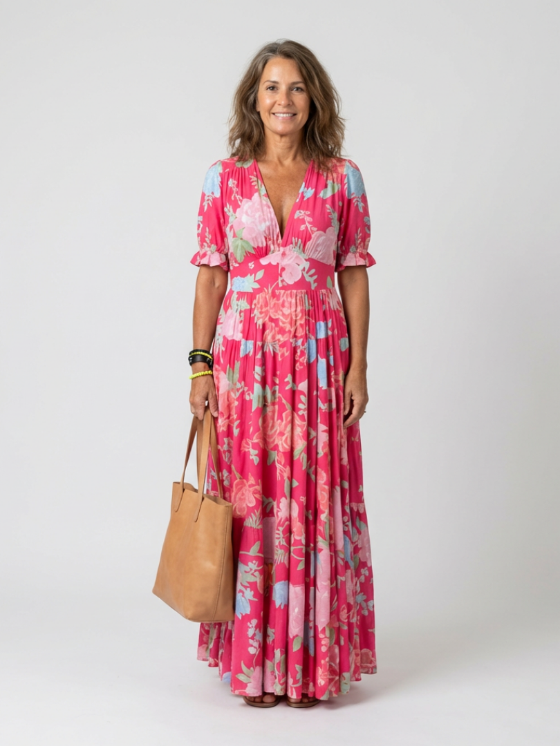 Ione | Midikleid mit kurzen Ärmeln, V-Ausschnitt und Blumendruck