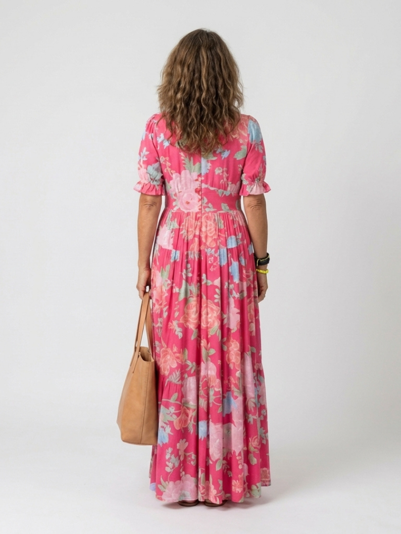 Ione | Midikleid mit kurzen Ärmeln, V-Ausschnitt und Blumendruck