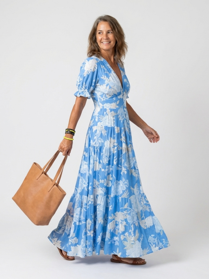 Ione | Midikleid mit kurzen Ärmeln, V-Ausschnitt und Blumendruck