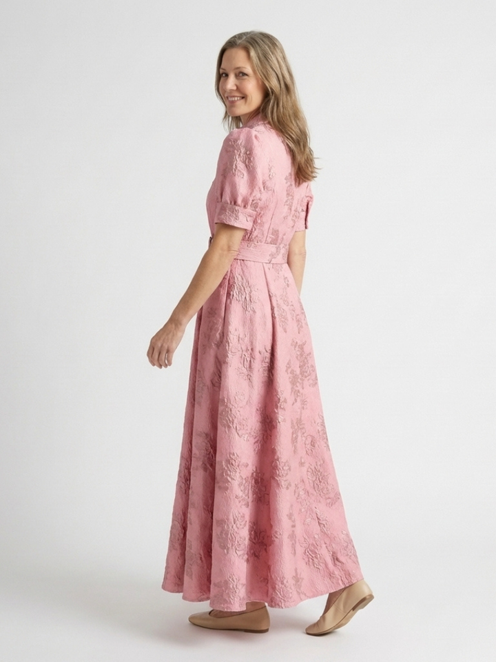 Xanthea | Maxi-Hemdblusenkleid mit kurzen Ärmeln, Gürtel und strukturiertem Blumendruck
