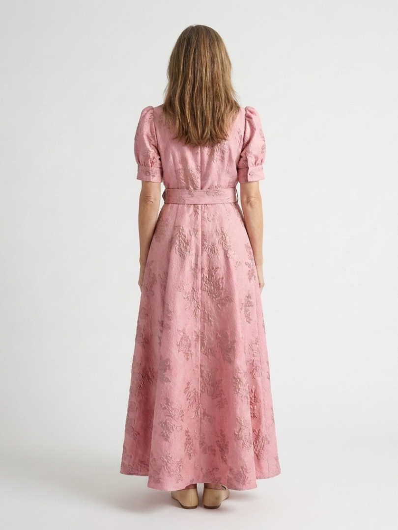 Xanthea | Maxi-Hemdblusenkleid mit kurzen Ärmeln, Gürtel und strukturiertem Blumendruck