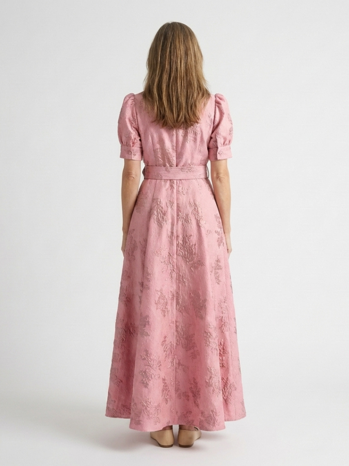 Xanthea | Maxi-Hemdblusenkleid mit kurzen Ärmeln, Gürtel und strukturiertem Blumendruck