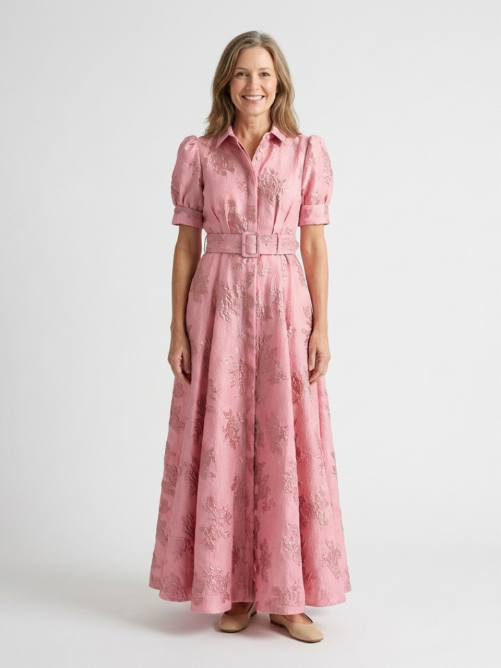 Xanthea | Maxi-Hemdblusenkleid mit kurzen Ärmeln, Gürtel und strukturiertem Blumendruck