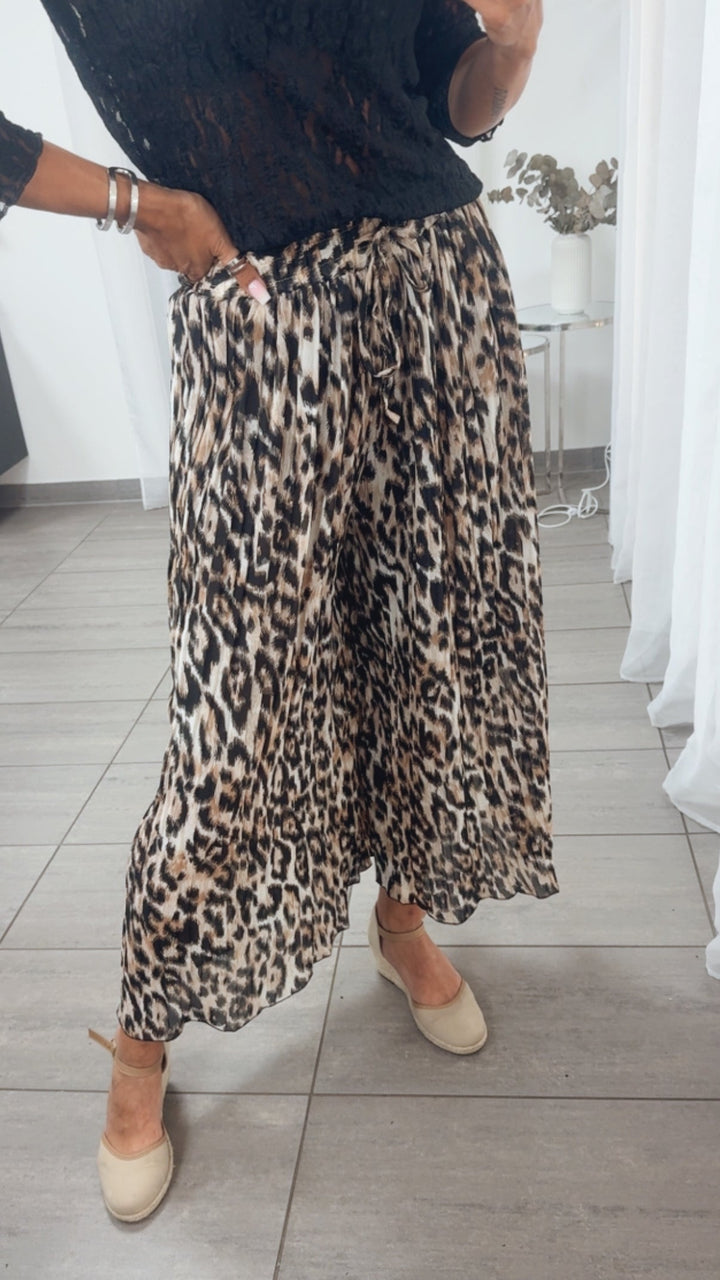 Plissee-Hose | Abstrakter Leo-Look Beige-Cappuccino-Schwarz