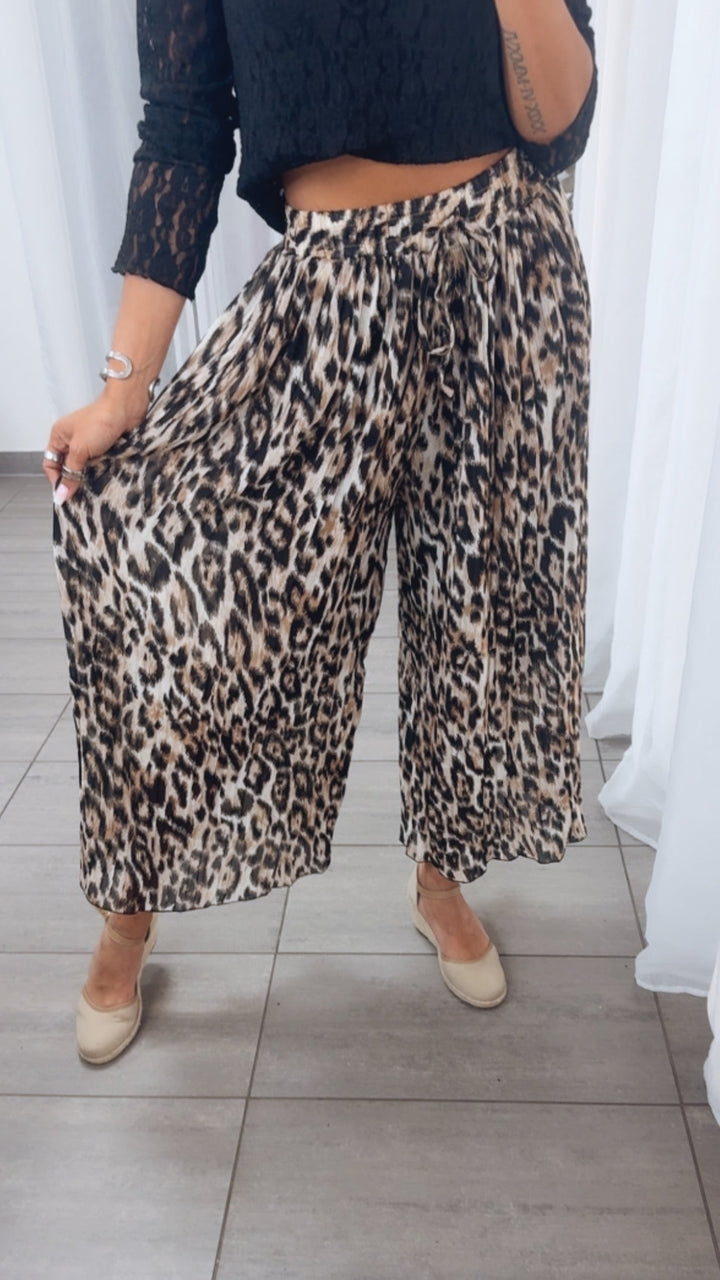 Plissee-Hose | Abstrakter Leo-Look Beige-Cappuccino-Schwarz