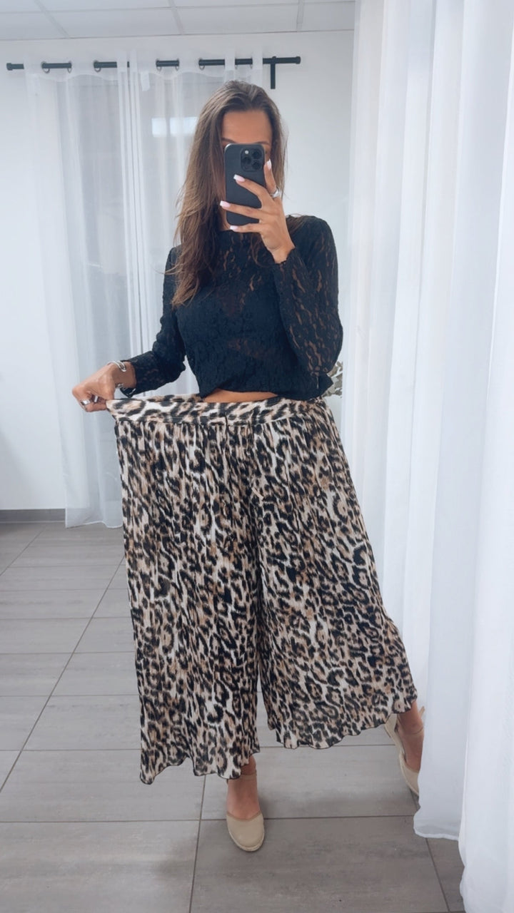 Plissee-Hose | Abstrakter Leo-Look Beige-Cappuccino-Schwarz