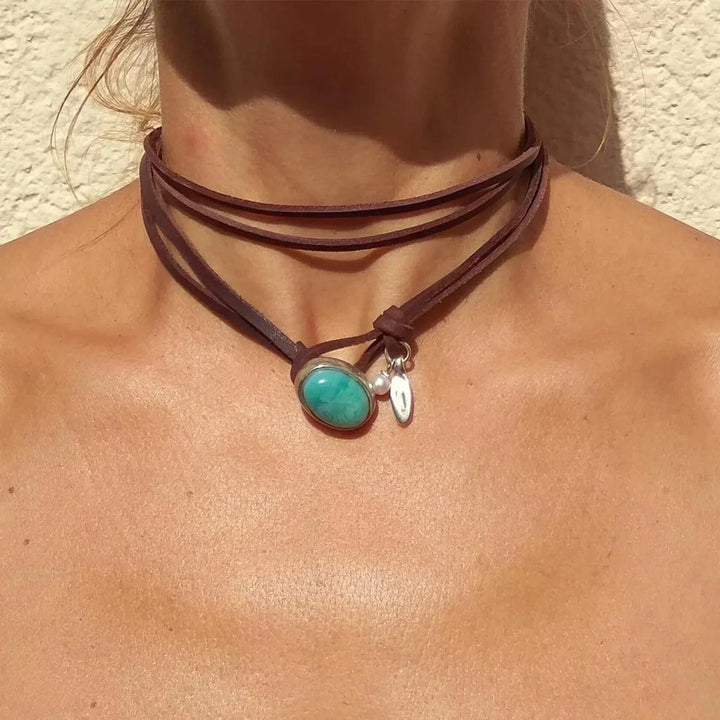 Agnese™ - Choker aus Leder mit Türkis