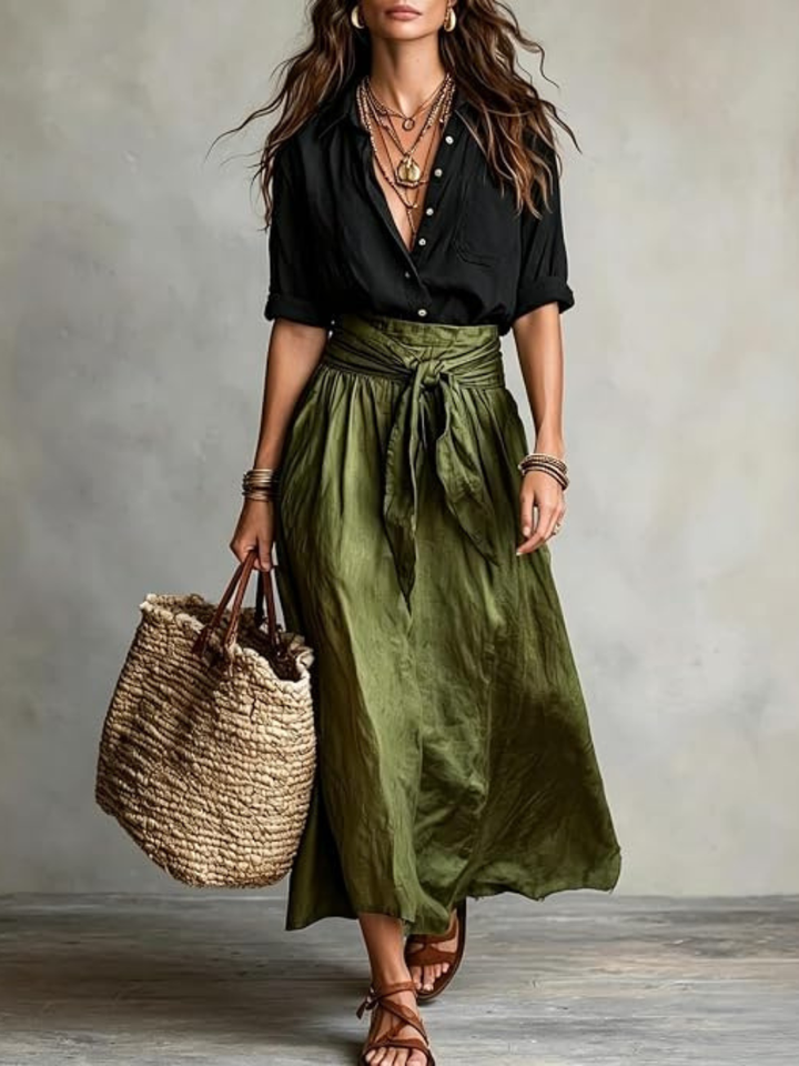 VERA™ - ELEGANTES ZWEITEILIGES SOMMERSET: SCHWARZE BLUSE & OLIVFARBENER ROCK