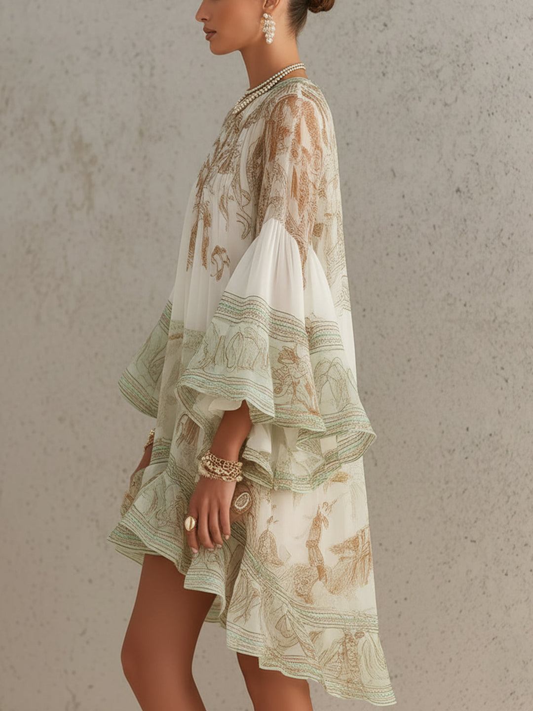 Rosalie | Chiffon-Minikleid mit Rüschensäumen und grünem gestreiftem Saum